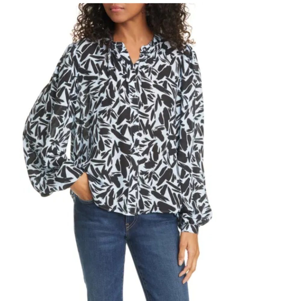 Veronica Beach Ashlynn Graphic Silk Blend Blouse In Blue Multi, 16